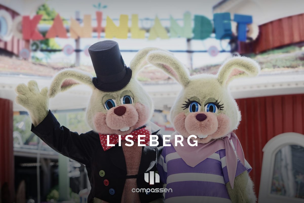 Två av Lisebergs kaniner poserar framför Kaninlandet, en i hög hatt och en i randig tröja.